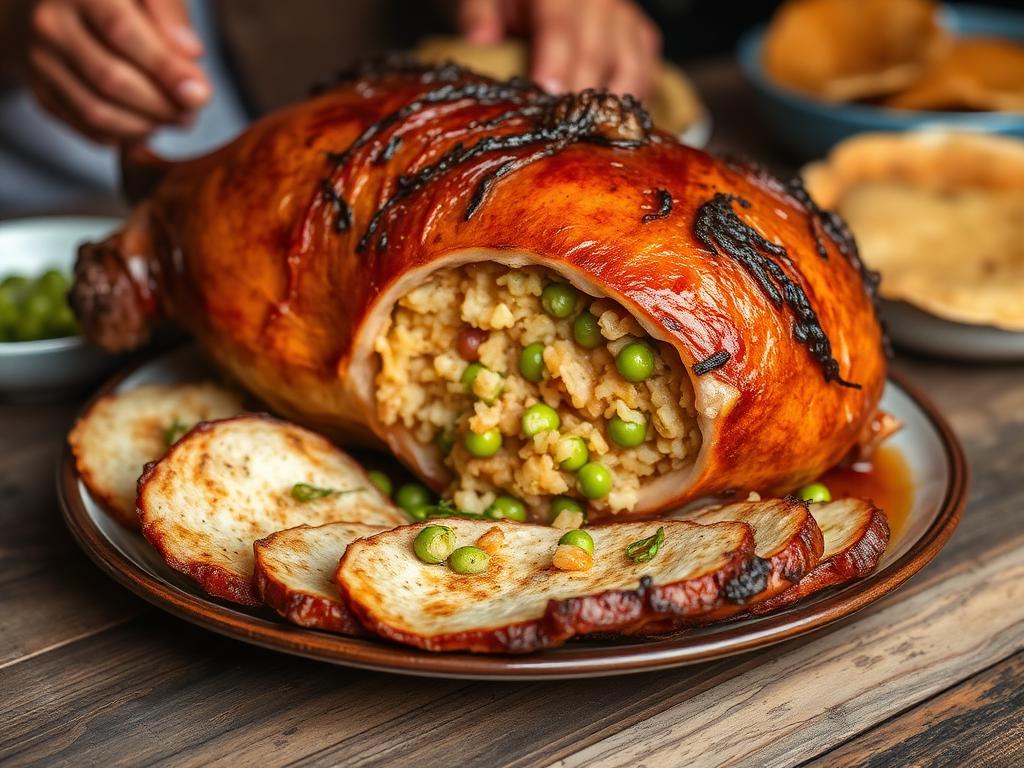 Lechona tolimense en porción con piel crujiente, relleno de arroz y arveja