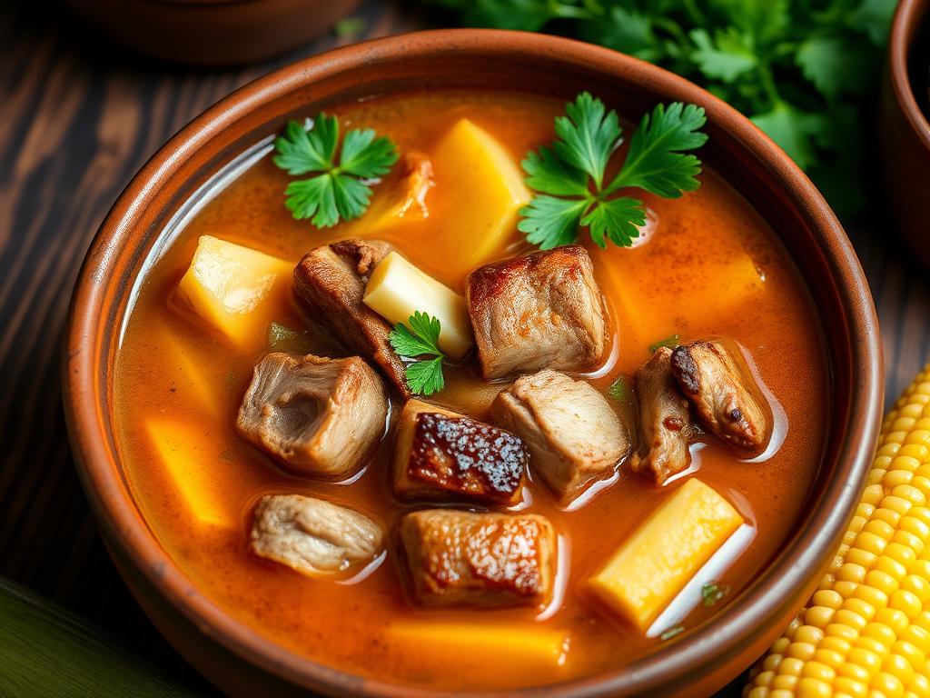 Sancocho trifásico colombiano con tres carnes, plátano, yuca y mazorca